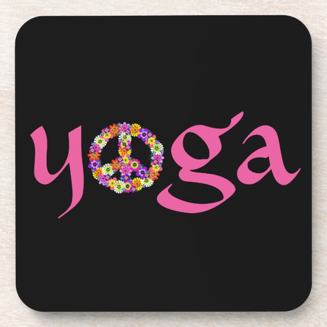 Posavasos Signo de paz de yoga con flor en negro (Frente)