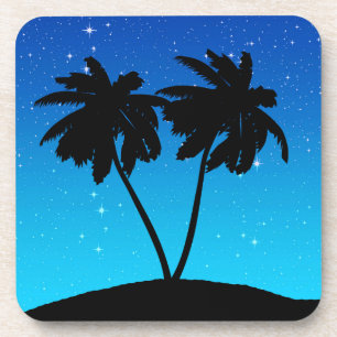 Posavasos Silhouette de árbol de palmas en la noche azul con