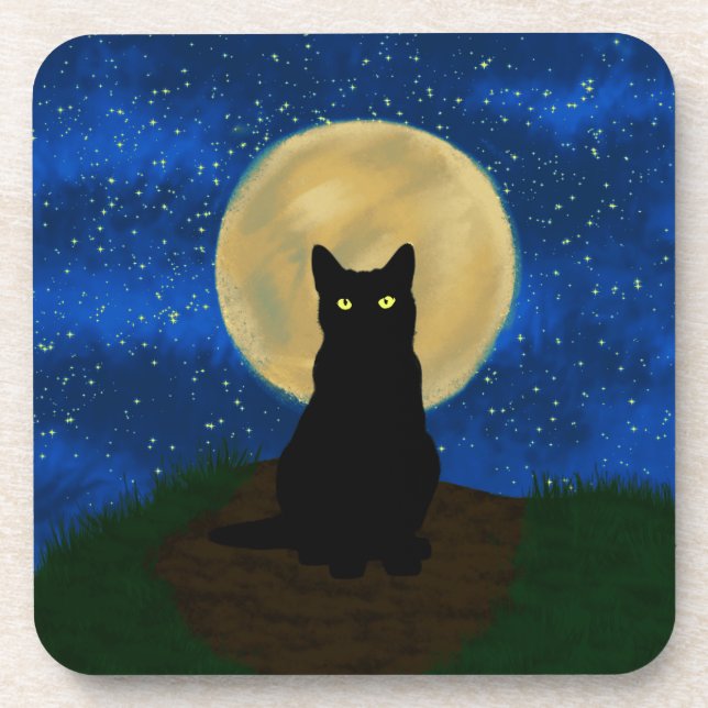 Posavasos Silhouette de Halloween Black Cat Moonlit (Frente)