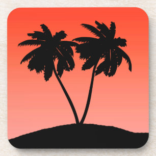 Posavasos Silueta de árbol de palmas en el Naranja Sunset