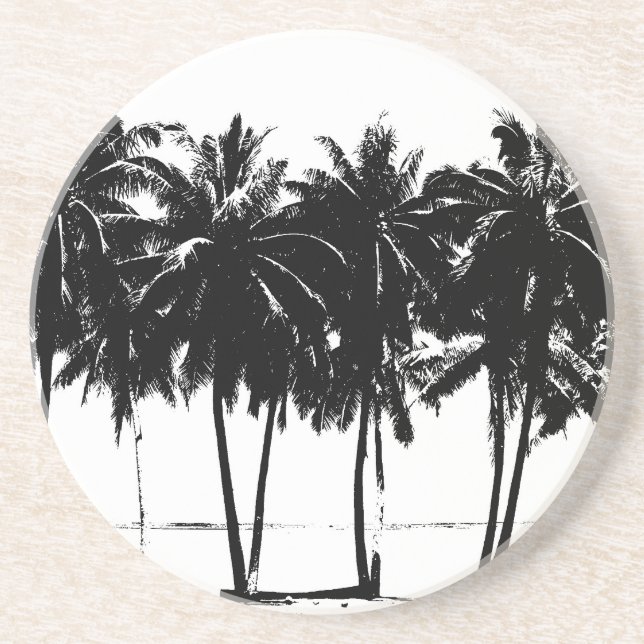Posavasos Silueta de árboles de palmeras blancas negras (Frente)