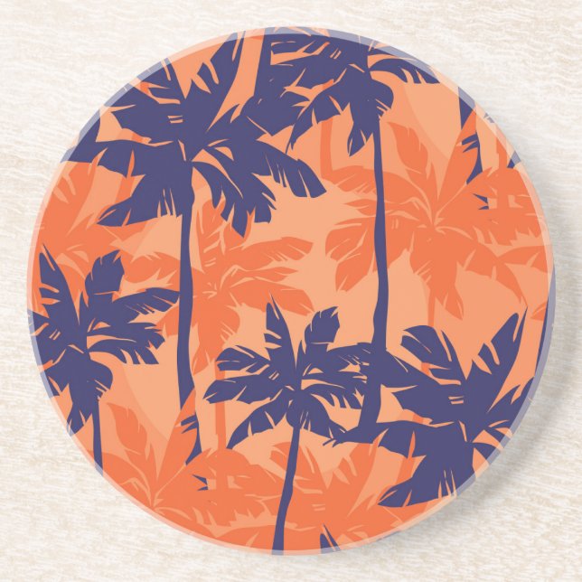 Posavasos Silueta de palmera azul, fondo naranja (Frente)