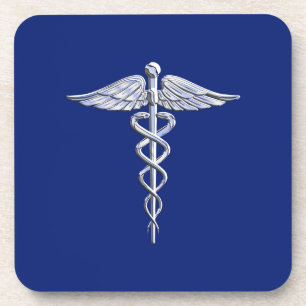 Posavasos Símbolo médico Caduceo de estilo Chrome sobre azul