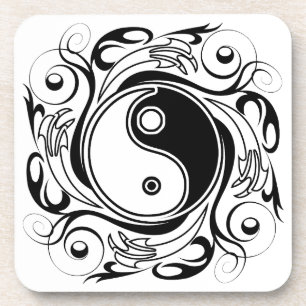 Posavasos Símbolo Yin & Yang en estilo de tatuaje negro y bl
