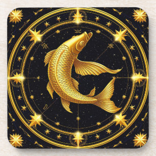 Posavasos Símbolo zodiacal de Piscis dorado rodeado de estre