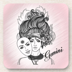 Posavasos Símbolo zodiaco de Lady Gemini y Rótulo rosado