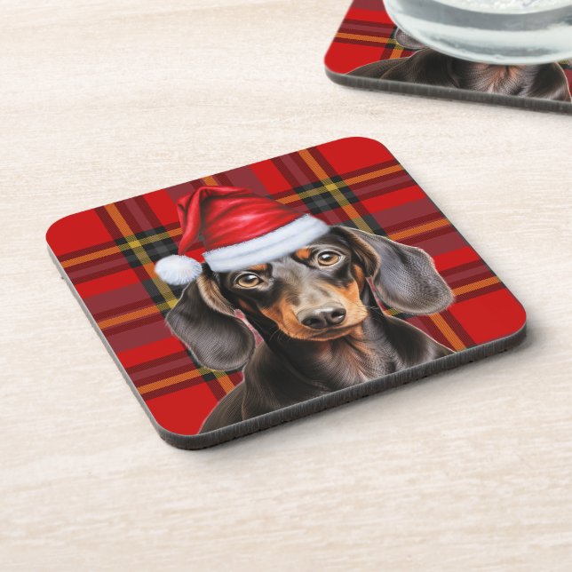 Posavasos Smooth Dachshund with Red and Green Holiday Plaid (Lado Izquierdo)