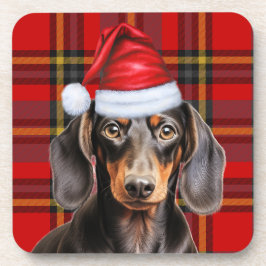 Posavasos Smooth Dachshund with Red and Green Holiday Plaid