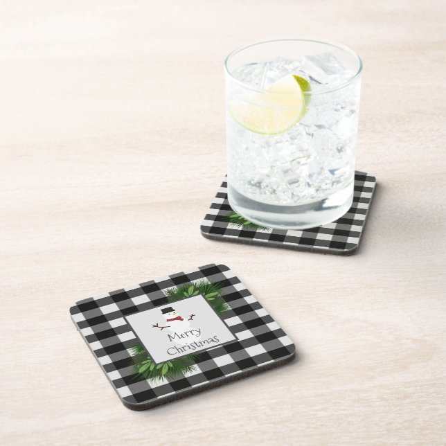 Posavasos Snowman Buffalo Plaid Plastic Coaster (Lado Derecho)