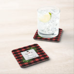 Posavasos Snowman Red Buffalo Plaid Plastic Coaster<br><div class="desc">Protect your table and counter tops this holiday season with a Snowman Red Buffalo Plaid Plastic Coaster.  Coaster design features a box adorned with pine branches and charming snowman against a buffalo plaid background. Additional gift and holiday items available with this design as well.</div>