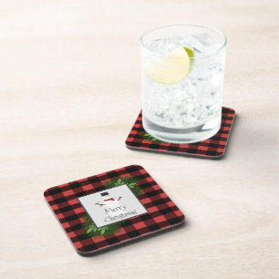 Posavasos Snowman Red Buffalo Plaid Plastic Coaster