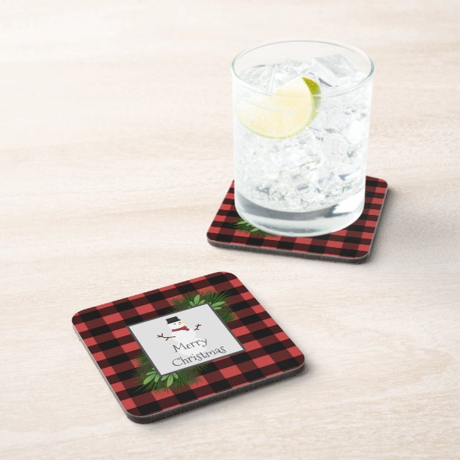 Posavasos Snowman Red Buffalo Plaid Plastic Coaster (Lado Derecho)