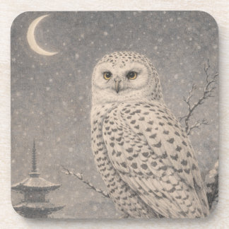 Posavasos Snowy Owl Plastic Coaster, Japanese Moon Pagoda De