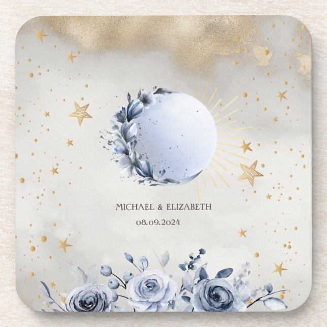 Posavasos Sol Dorado Celestial, Rosas de Luna Azul Estrellas (Frente)