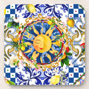 Posavasos Sol siciliano, limón, azulejos mediterráneos,
