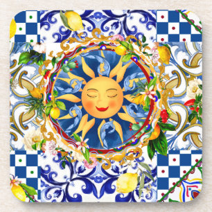Posavasos Sol siciliano, limón, azulejos mediterráneos,
