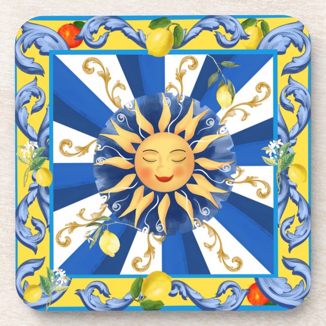 Posavasos Sol siciliano, mayólica, limón, (Frente)