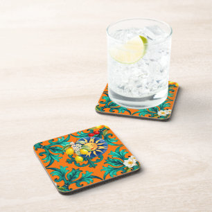 Posavasos Sol siciliano, verano, limón, mosaico, azul,
