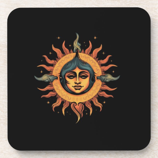 Posavasos sol trippy, sol retro, sol con cara chica (Frente)