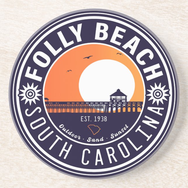 Posavasos Souvenirs Folly Beach SC Retro Sunset Pier 60 (Frente)