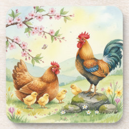 Posavasos Spring chicken rooster farm country coasters