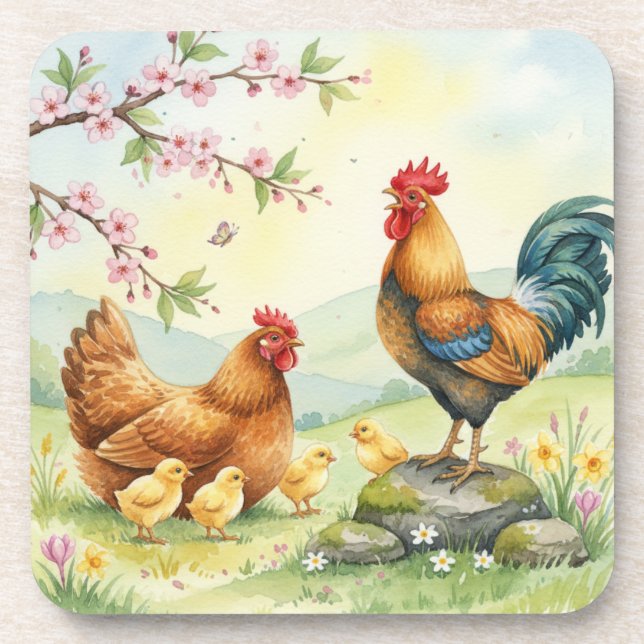 Posavasos Spring chicken rooster farm country coasters (Frente)