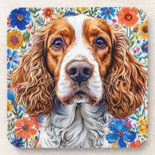 Posavasos Springer Spaniel con fondo floral colorido