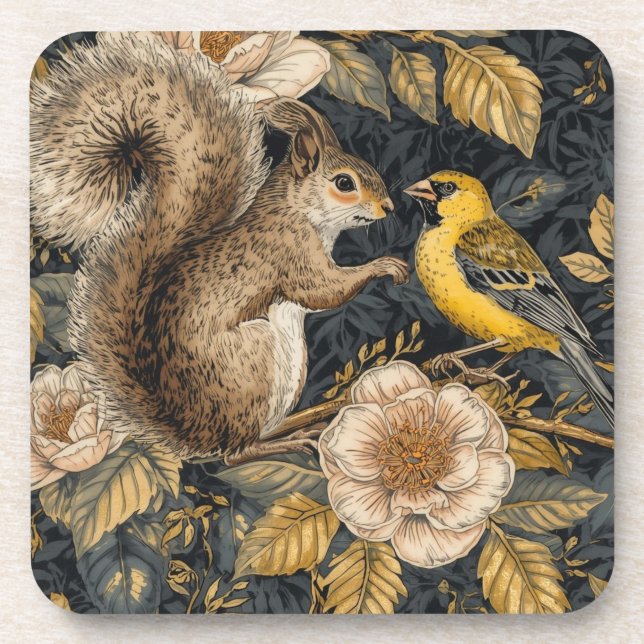 Posavasos Squirrel and Yellow Canary with Flowers Pattern (Frente)