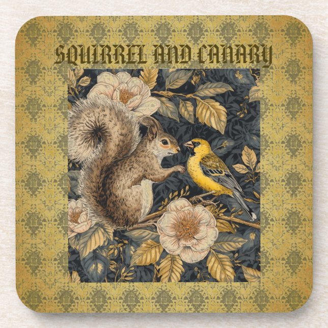Posavasos Squirrel and Yellow Canary with Flowers Pattern (Frente)