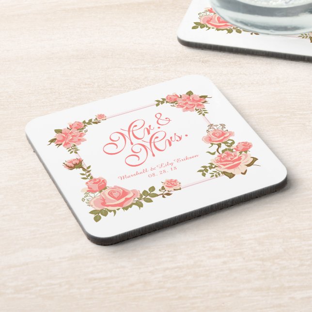Posavasos Sr. y señora Elegant Floral Wedding Coaster (Lado Izquierdo)
