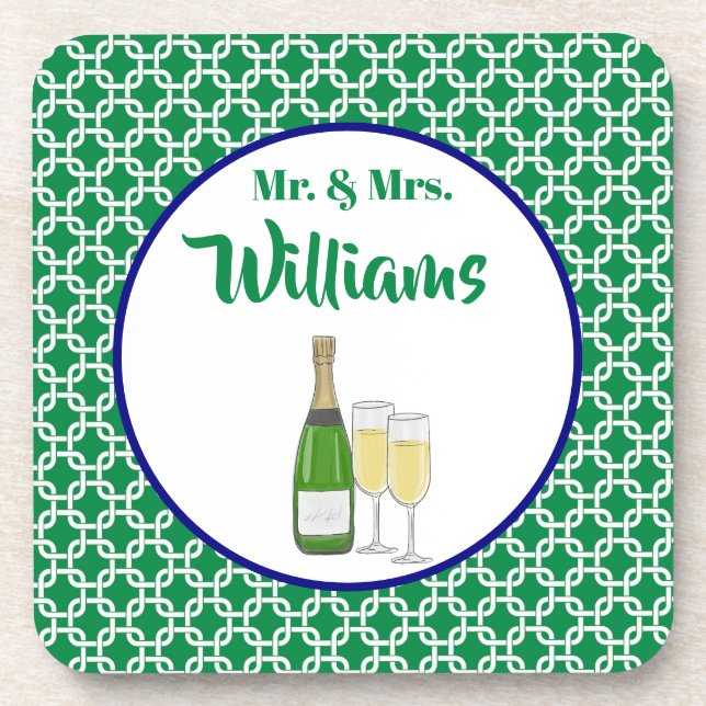 Posavasos Sr. y Sra. Script Bride & Groom Champagne Flutes (Frente)