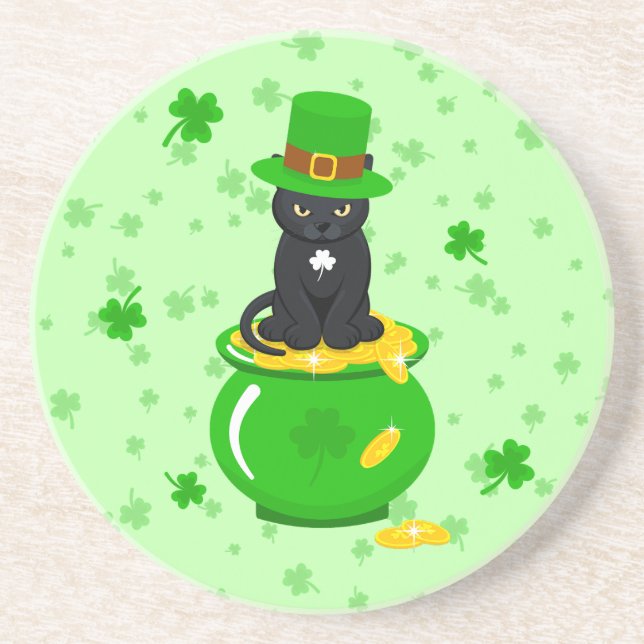 Posavasos St. Patrick's Day Shamrock Pot of Gold Black Cat (Frente)