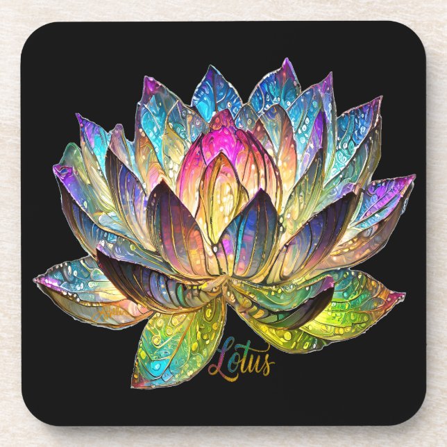 Posavasos Stained Glass Colorful Lotus Flower on Black (Frente)