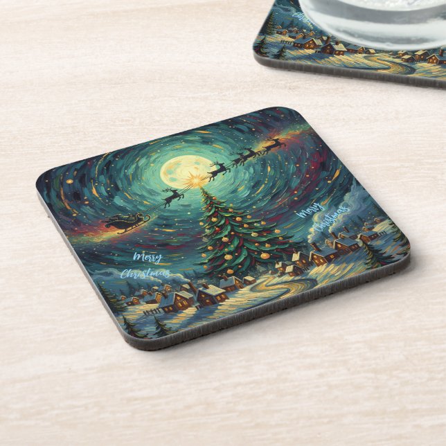 Posavasos Starry Night Christmas Coaster Set 6 Santa Sleigh (Lado Izquierdo)