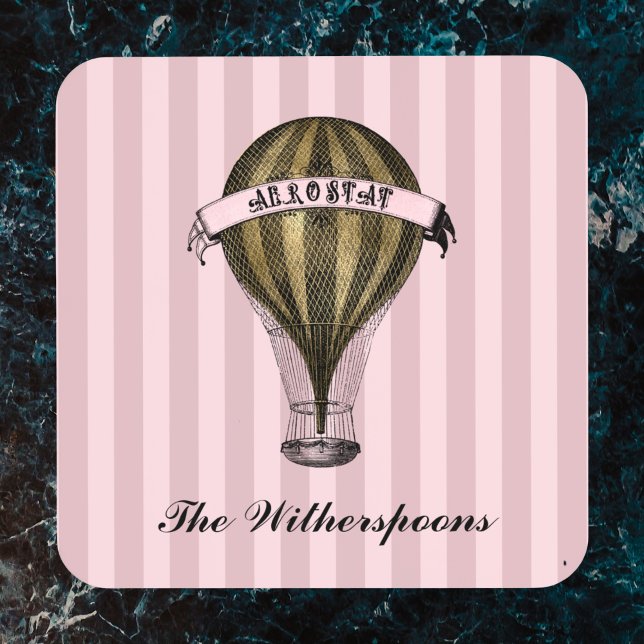 Posavasos Steampunk Airship on Vintage Pink Stripes Monogram (Subido por el creador)