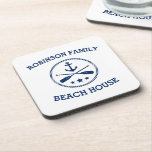 Posavasos Su familia Beach House Nombre Anchor Oars Stars<br><div class="desc">Elegantes galerías de bebidas (conjunto de 6) con tu nombre familiar personalizado u otro texto,  un ancla náutica personalizado con remos cruzados y estrellas de azul marino sobre blanco o elige colores de fondo para tu decoración.</div>