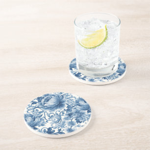 Posavasos Sueños Azules   Chinoiserie Acuarela Floral Blanco