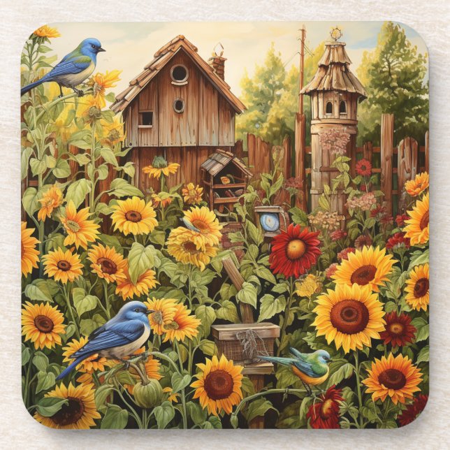 Posavasos Sunflower Garden 4 Aves Azules (Frente)