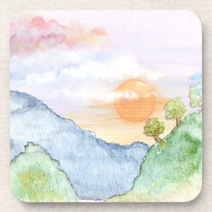 Posavasos Sunset acuarela sobre montañas y árboles