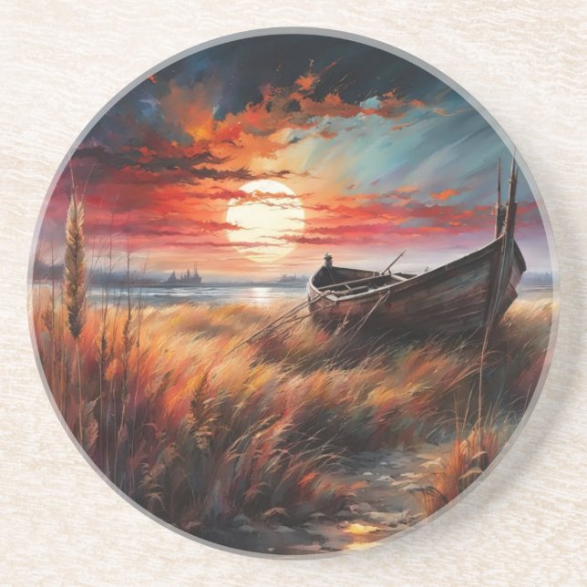 Posavasos Sunset boat art serene landscape by the sea (Frente)