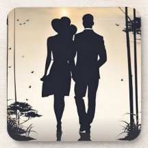 Sunset Stroll Black Silhouette Pareja