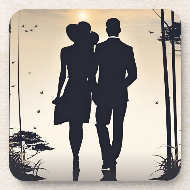 Posavasos Sunset Stroll Black Silhouette Pareja (Frente)