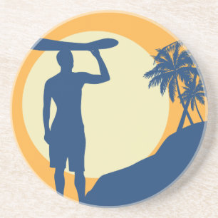 Posavasos Surfer, palmera, acantilado, sol, luna,
