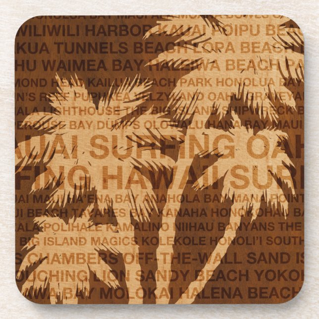 Posavasos Surfing Hawaii Palm Trees Faux Wood Coasters (Frente)