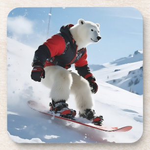 Posavasos Surreal oso polar Snowboard en la Chaqueta Roja de