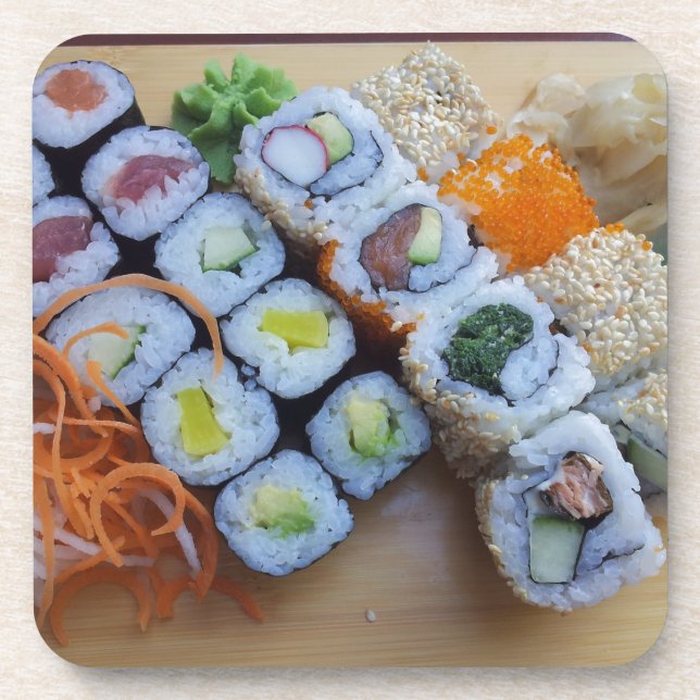 Posavasos Sushi Asia: Mar de alimentos para peces de arroz (Frente)