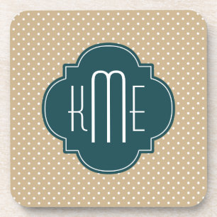 Posavasos Tan Sand Polka Dots Verde azulado Quatrefoil Monog