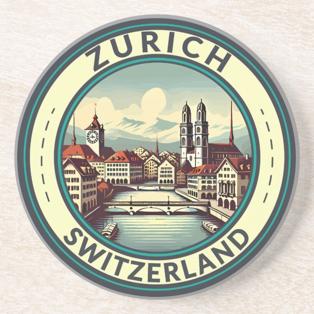 Posavasos Tarjeta de arte de viajes Zurich Suiza Ilustracion (Frente)