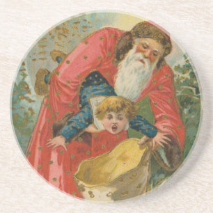 Posavasos Tarjeta de Navidad antigua, Papá Noel, Niño travie