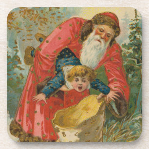 Posavasos Tarjeta de Navidad antigua, Papá Noel, Niño travie